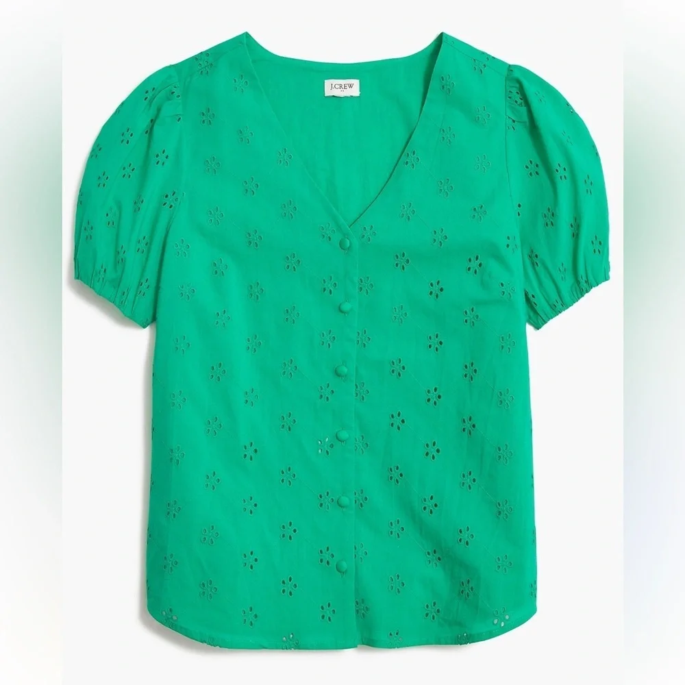 J. Crew Green Puff Sleeve Cotton Blouse. Size S . Style BQ034